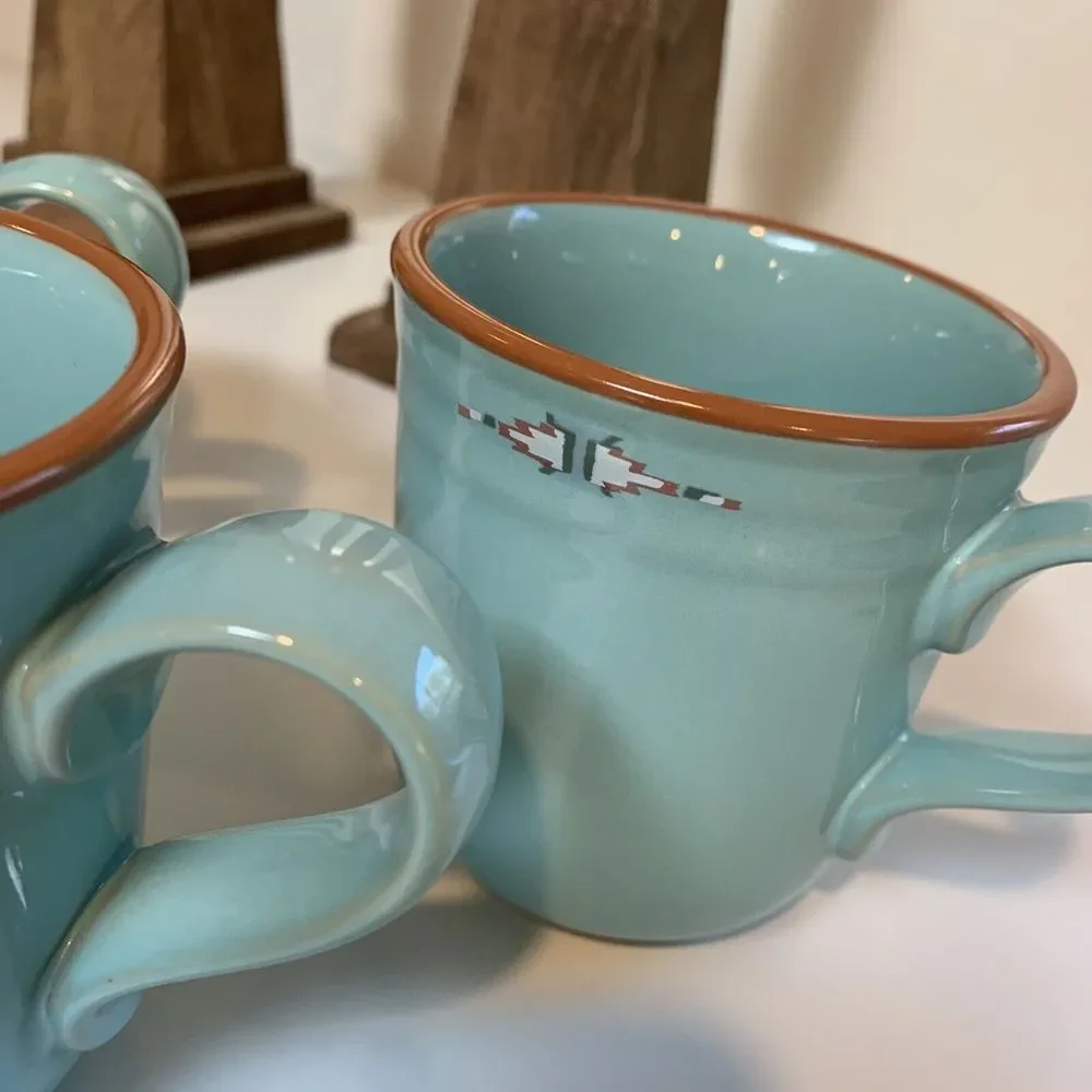 Vintage coffee mugs Southwestern Noritake Stoneware Boulder Ridge 3 Aqua Aztec - Picture 13 of 15